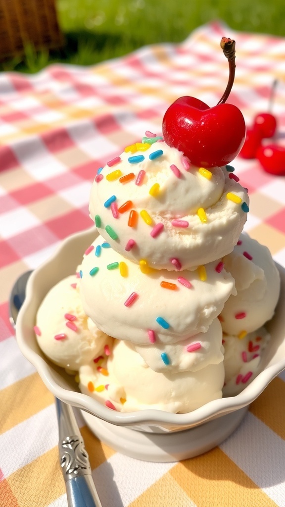 A bowl of vanilla ice cream with sprinkles and a cherry, set outdoors on a picnic blanket.